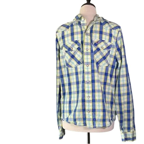Hollister Blue and Green Plaid western Style Casual Button Down Shirt - Picture 1 of 4